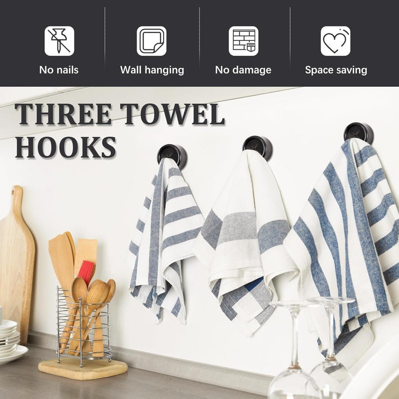 Philbinden 3 Pieces Kitchen Towel Hooks Round Adhesive Dish Towel Hook Premium Chrome Finish & Easy Installation Wall Mount Hand Towel Hook Ideal as Bathroom, Shower or Outdoor Towel Holders (Black) - Image 3